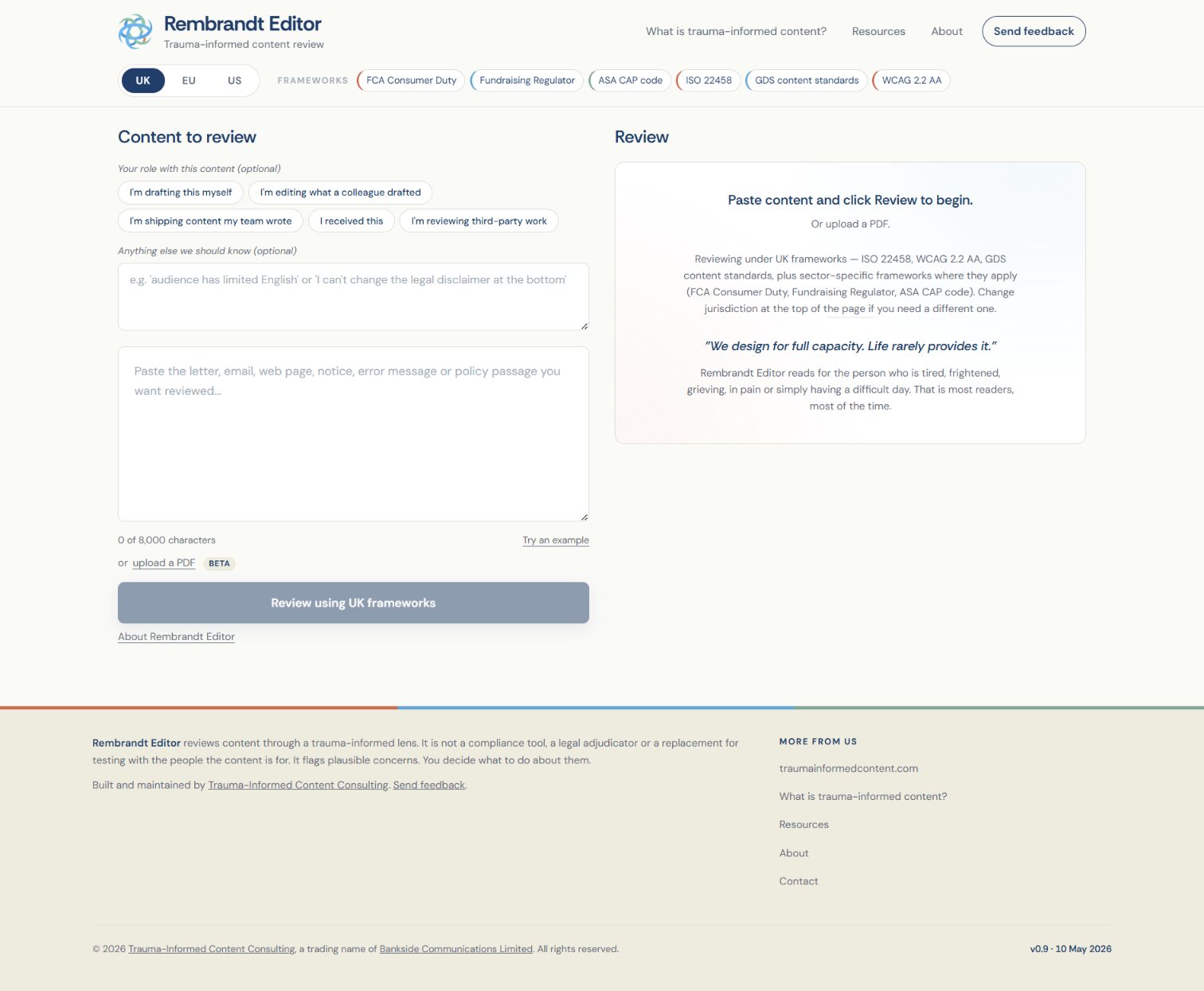 Screenshot of Rembrandt Editor, a trauma-informed content analysis tool.