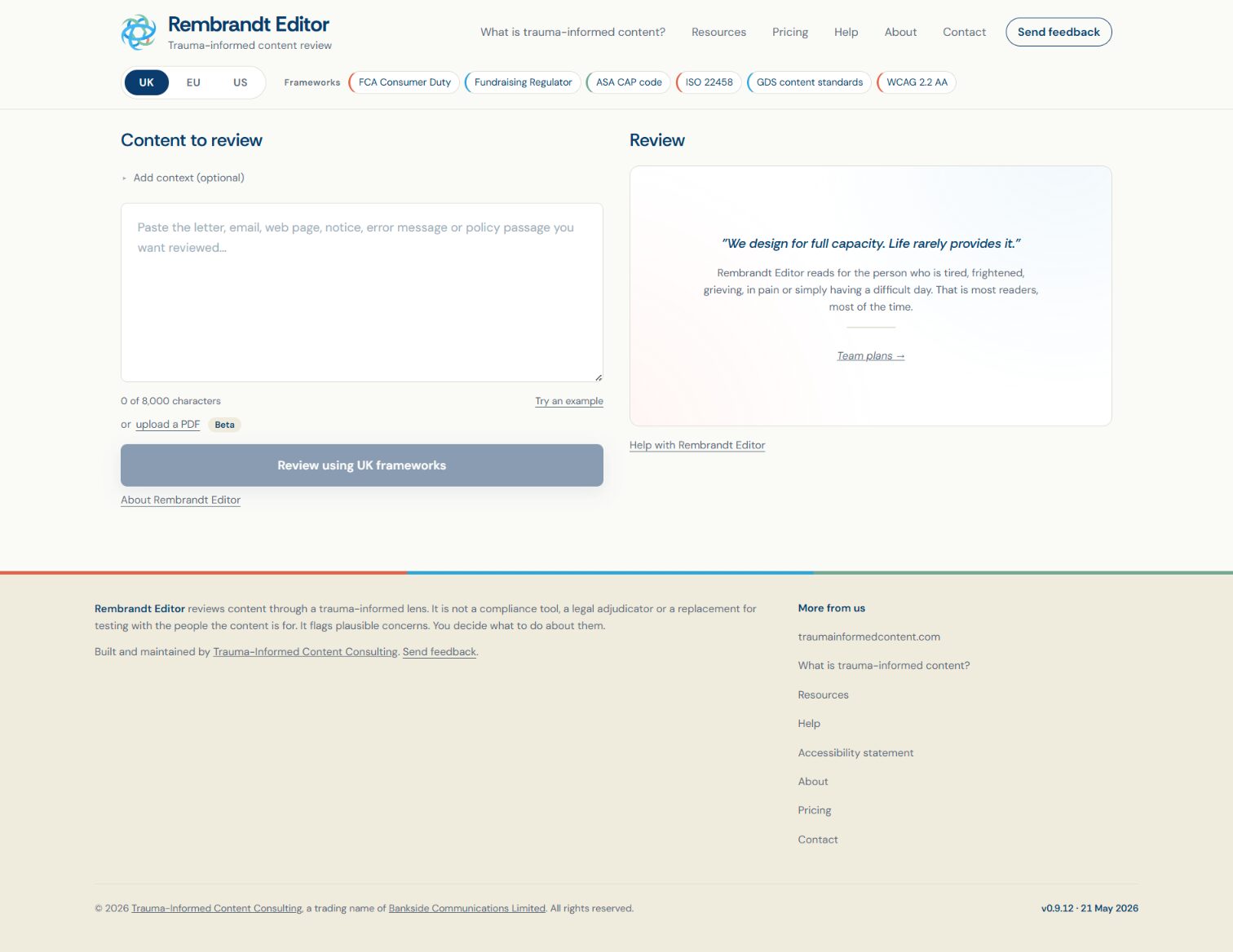 Screenshot of Rembrandt Editor, a trauma-informed content analysis tool.