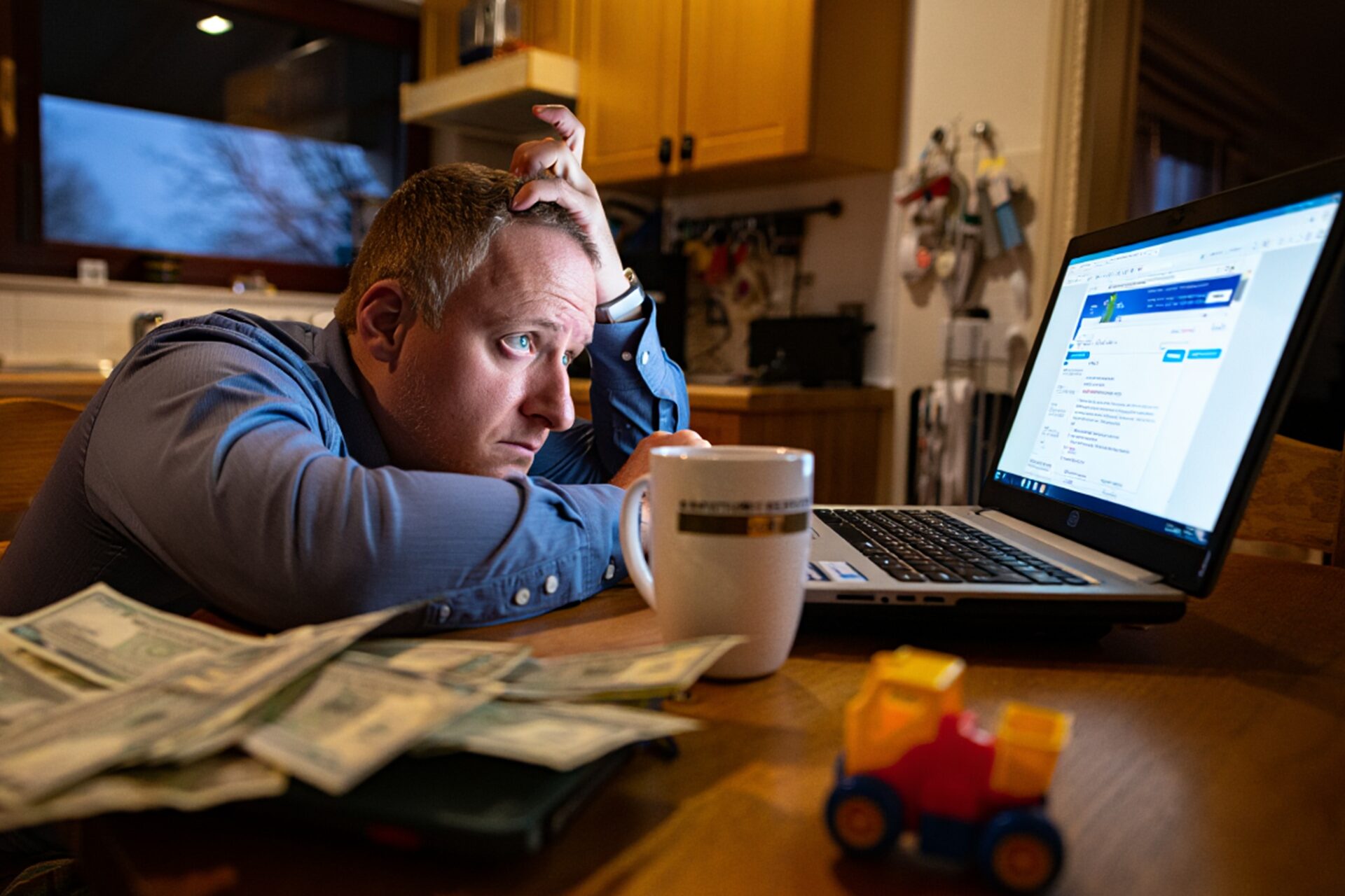 Distressed man staring at a laptop.